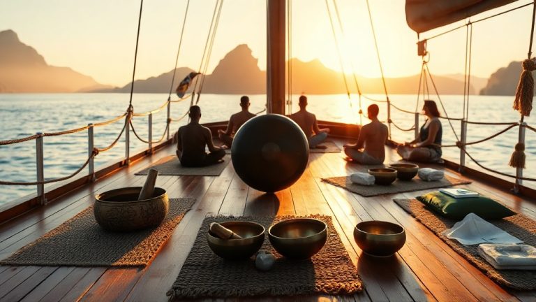 Sound healing session with singing bowls on the deck of a phinisi yacht at golden hour in Komodo